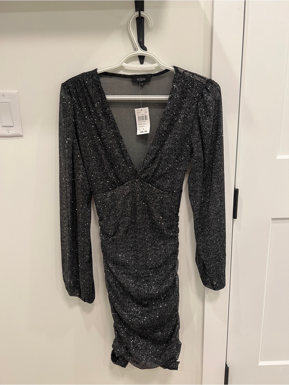 Eclipse Sparkle Black Ruched V-Neck Long Sleeve Dress